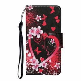 Flip Case Für Samsung Galaxy S21 FE Blumen Und Herzen Mit Schlüsselband