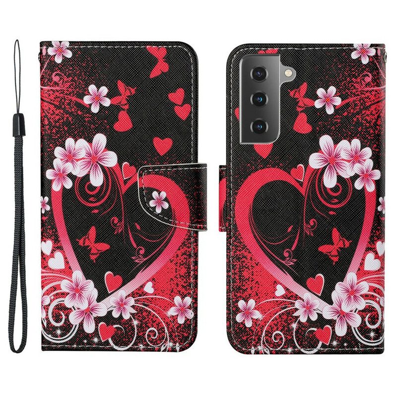 Flip Case Für Samsung Galaxy S21 FE Blumen Und Herzen Mit Schlüsselband