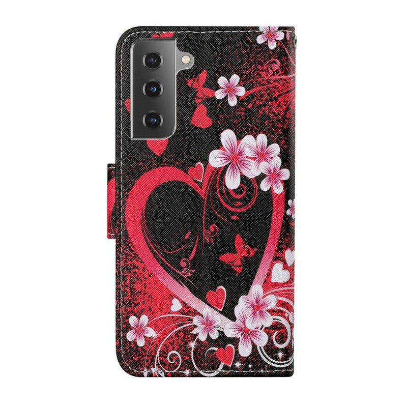 Flip Case Für Samsung Galaxy S21 FE Blumen Und Herzen Mit Schlüsselband