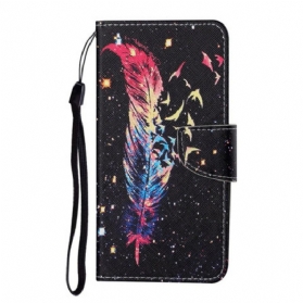 Flip Case Für Samsung Galaxy S21 FE Mit Kordel Bunte Feder Mit Riemen