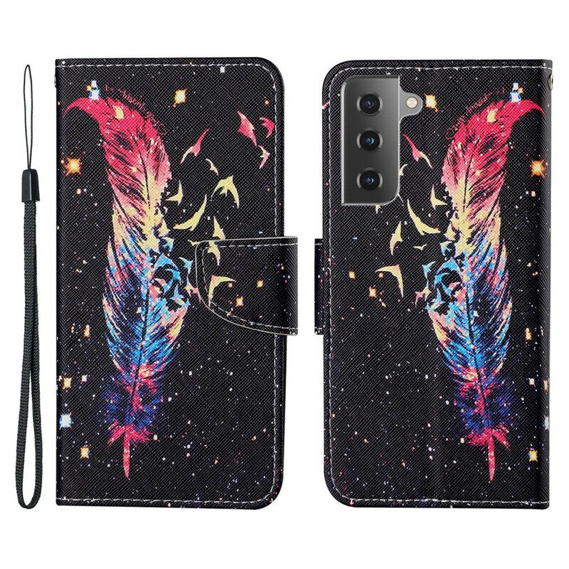 Flip Case Für Samsung Galaxy S21 FE Mit Kordel Bunte Feder Mit Riemen