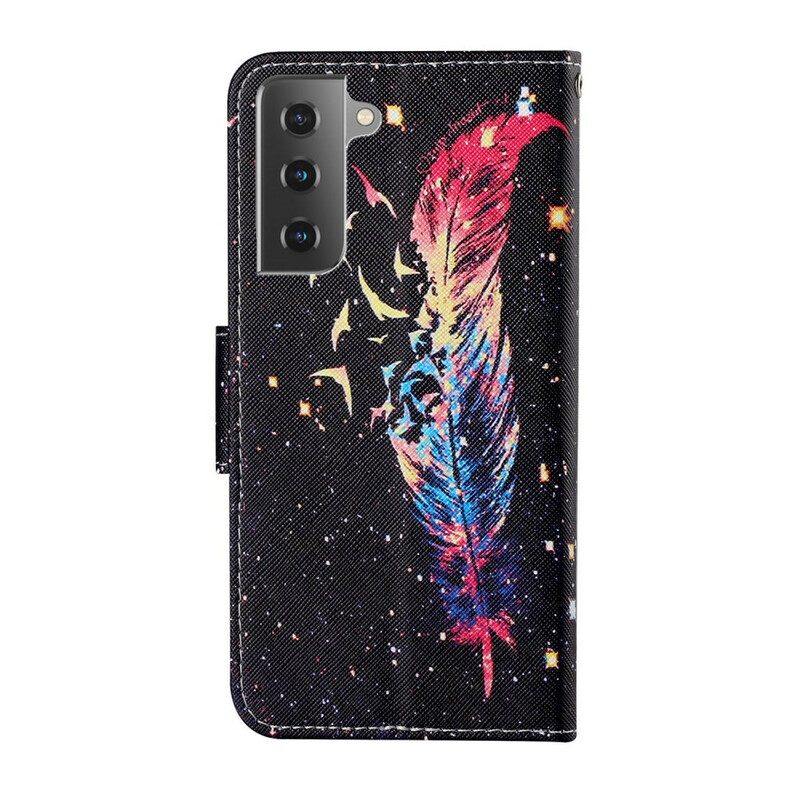 Flip Case Für Samsung Galaxy S21 FE Mit Kordel Bunte Feder Mit Riemen