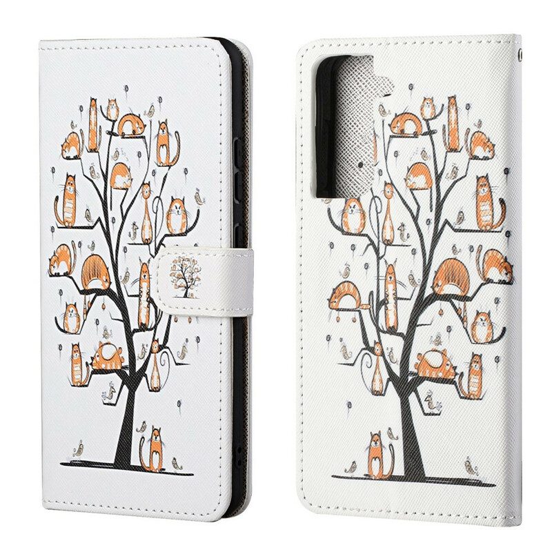 Flip Case Für Samsung Galaxy S21 FE Mit Kordel Funky Cats Mit Riemen