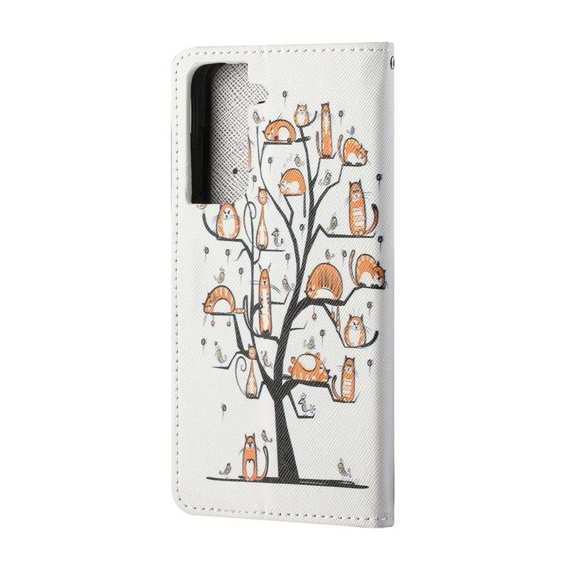 Flip Case Für Samsung Galaxy S21 FE Mit Kordel Funky Cats Mit Riemen