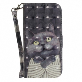 Flip Case Für Samsung Galaxy S21 FE Mit Kordel Graue Katze Mit Riemen