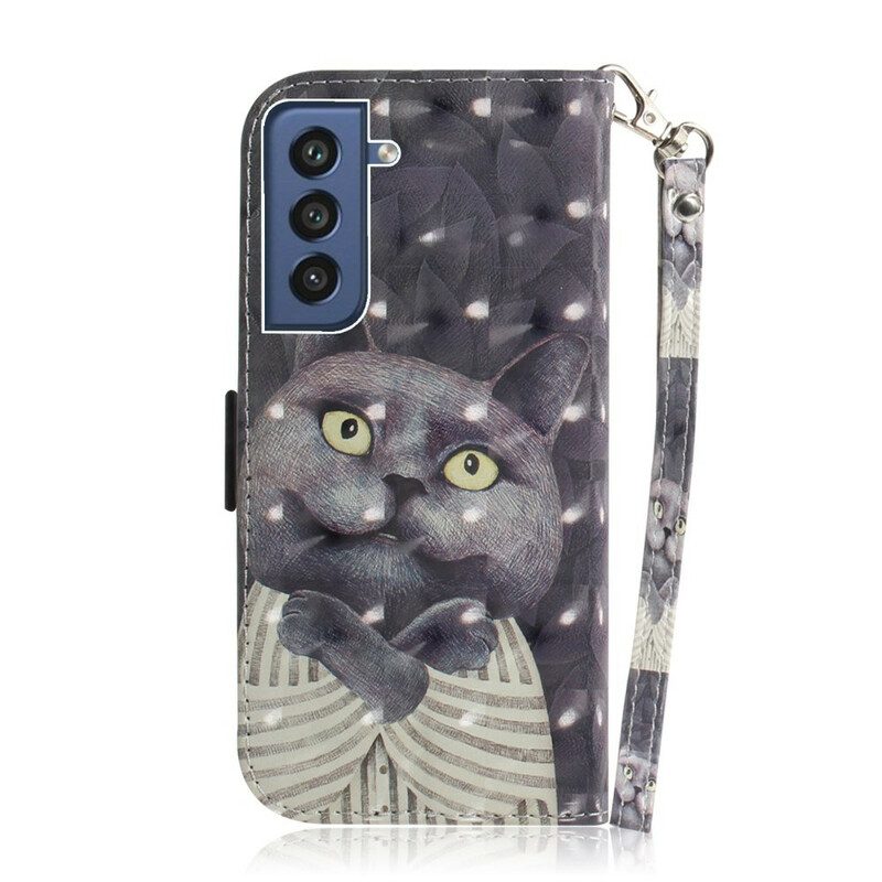 Flip Case Für Samsung Galaxy S21 FE Mit Kordel Graue Katze Mit Riemen