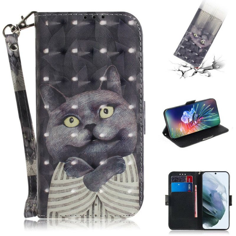 Flip Case Für Samsung Galaxy S21 FE Mit Kordel Graue Katze Mit Riemen