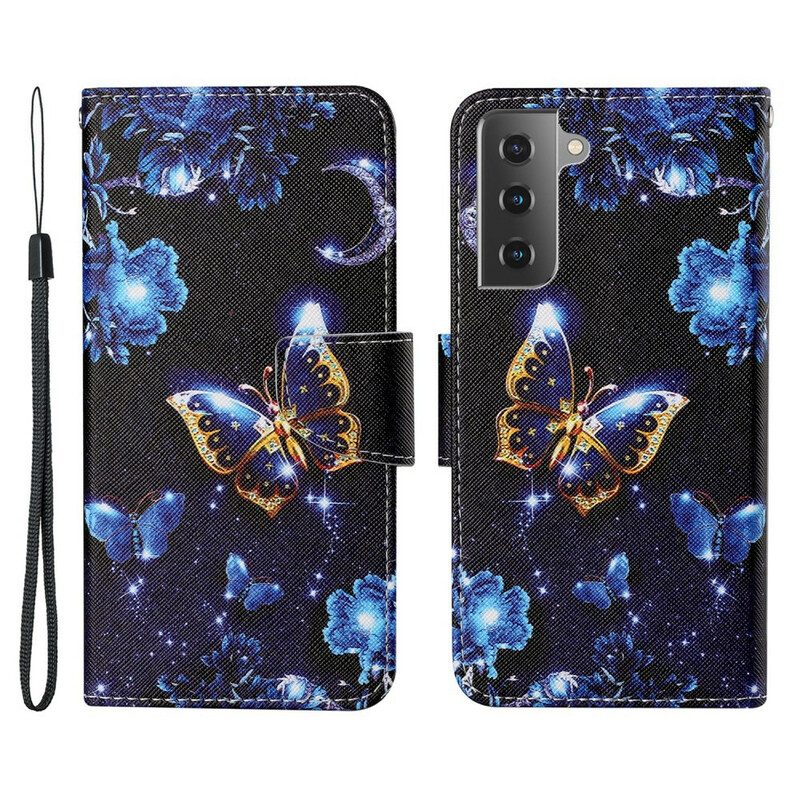 Flip Case Für Samsung Galaxy S21 FE Mit Kordel Kostbare Tanga-schmetterlinge