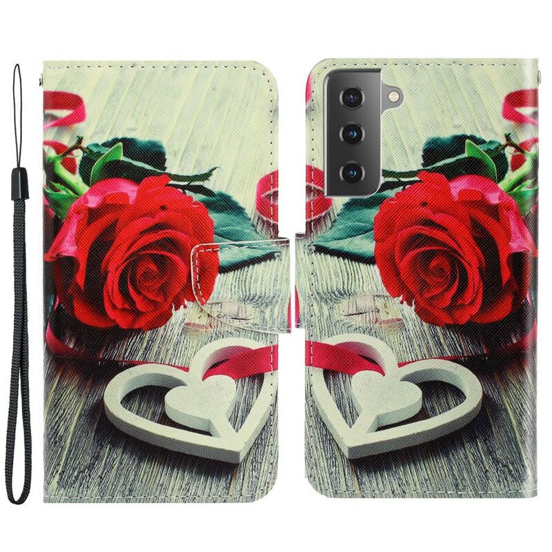 Flip Case Für Samsung Galaxy S21 FE Mit Kordel Romantische Rose Mit Riemen