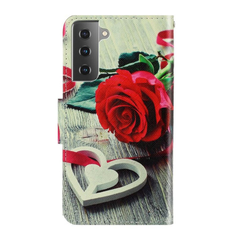 Flip Case Für Samsung Galaxy S21 FE Mit Kordel Romantische Rose Mit Riemen