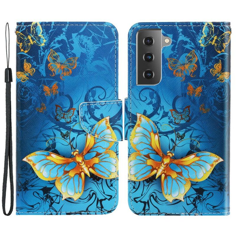 Flip Case Für Samsung Galaxy S21 FE Mit Kordel Variationen Von Schmetterlingsriemen