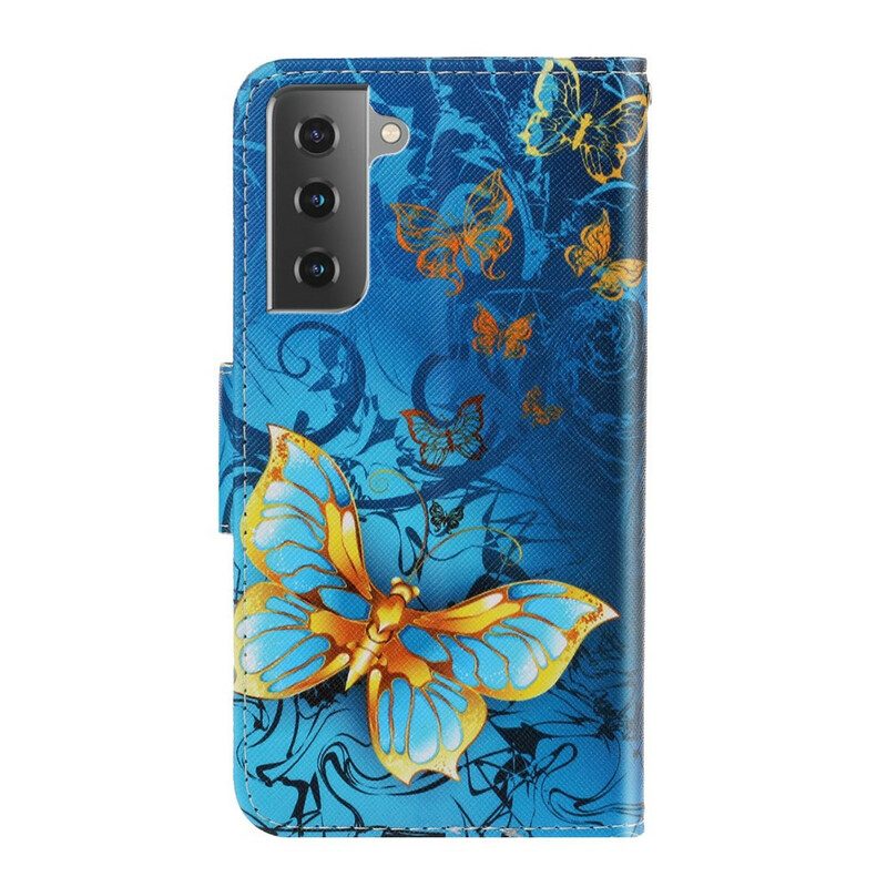 Flip Case Für Samsung Galaxy S21 FE Mit Kordel Variationen Von Schmetterlingsriemen