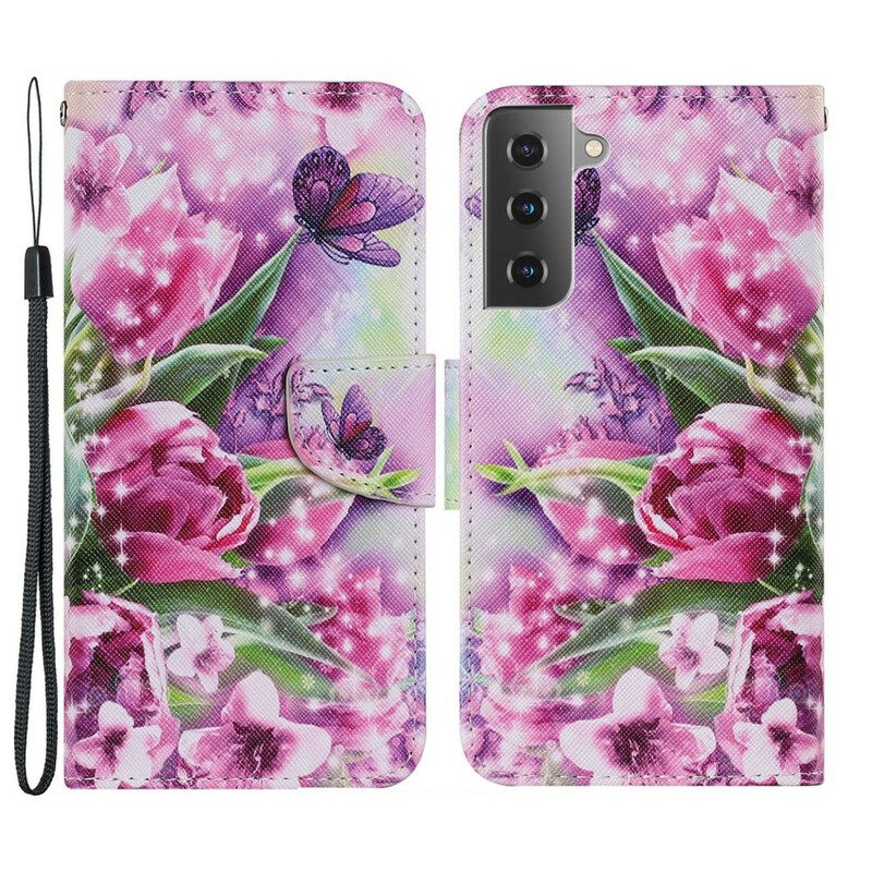 Flip Case Für Samsung Galaxy S21 FE Schmetterlinge Und Tulpen