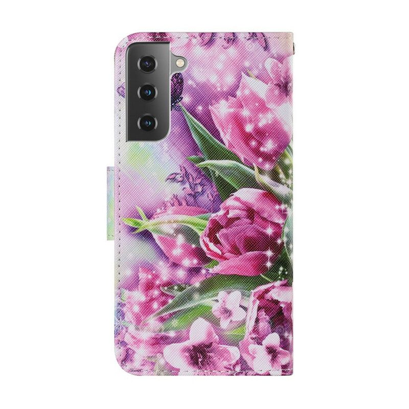 Flip Case Für Samsung Galaxy S21 FE Schmetterlinge Und Tulpen