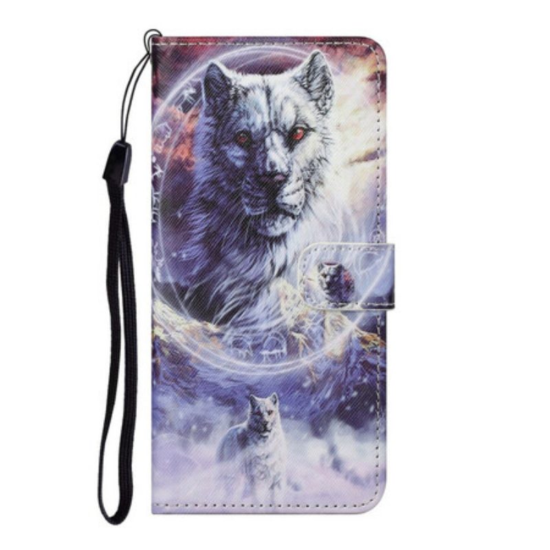 Flip Case Für Samsung Galaxy S21 FE Wolf Im Winter Mit Schlüsselband