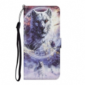 Flip Case Für Samsung Galaxy S21 FE Wolf Im Winter Mit Schlüsselband