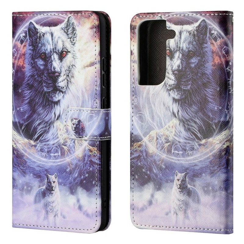 Flip Case Für Samsung Galaxy S21 FE Wolf Im Winter Mit Schlüsselband