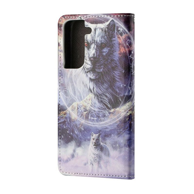 Flip Case Für Samsung Galaxy S21 FE Wolf Im Winter Mit Schlüsselband