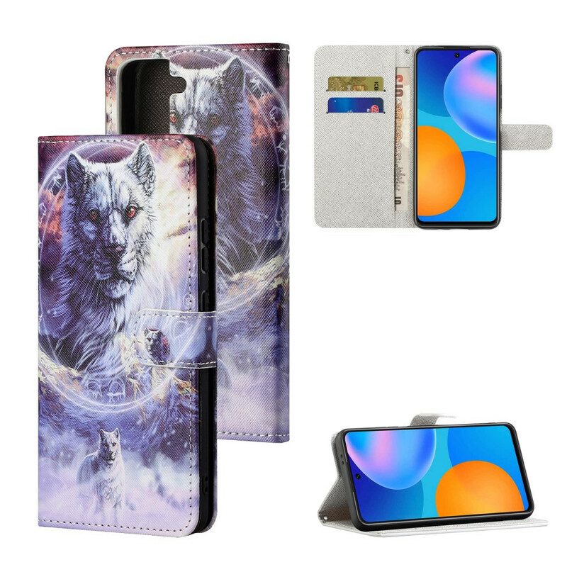 Flip Case Für Samsung Galaxy S21 FE Wolf Im Winter Mit Schlüsselband