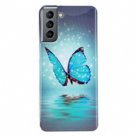 Hülle Für Samsung Galaxy S21 FE Fluoreszierender Blauer Schmetterling