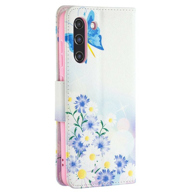 Lederhüllen Für Samsung Galaxy S21 FE Bemalte Schmetterlinge Und Blumen