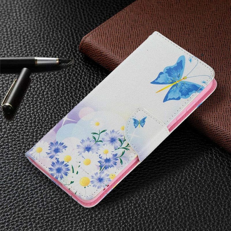 Lederhüllen Für Samsung Galaxy S21 FE Bemalte Schmetterlinge Und Blumen