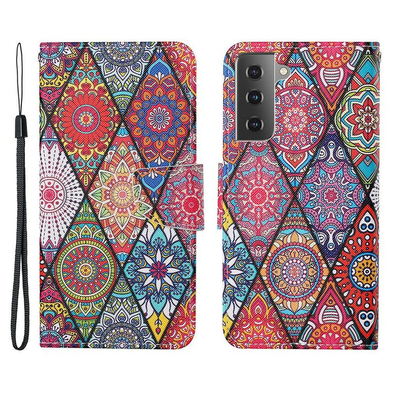 Lederhüllen Für Samsung Galaxy S21 FE Patchwork Mit Schlüsselband