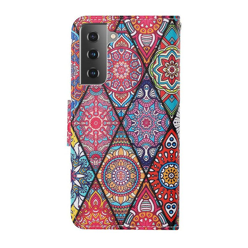 Lederhüllen Für Samsung Galaxy S21 FE Patchwork Mit Schlüsselband