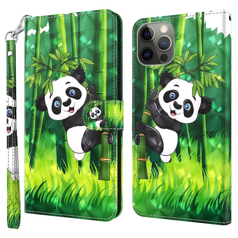 Flip Case Für iPhone 15 Pro Max Mit Kordel 3d-bambus-panda Mit Riemen