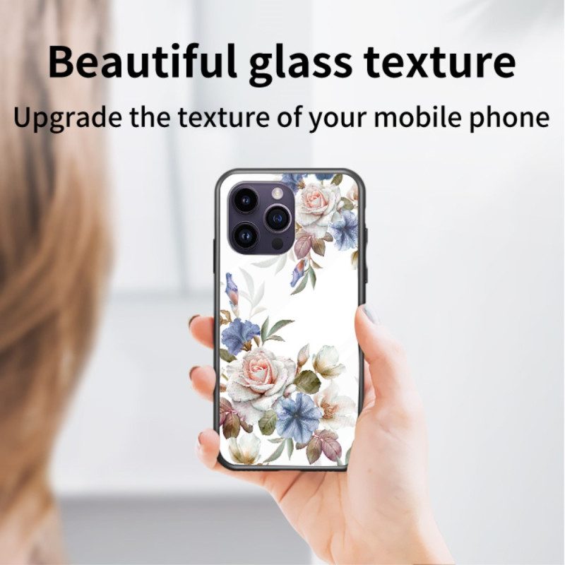 Handyhülle Für iPhone 15 Pro Max Florales Gehärtetes Glas Mit Stützring