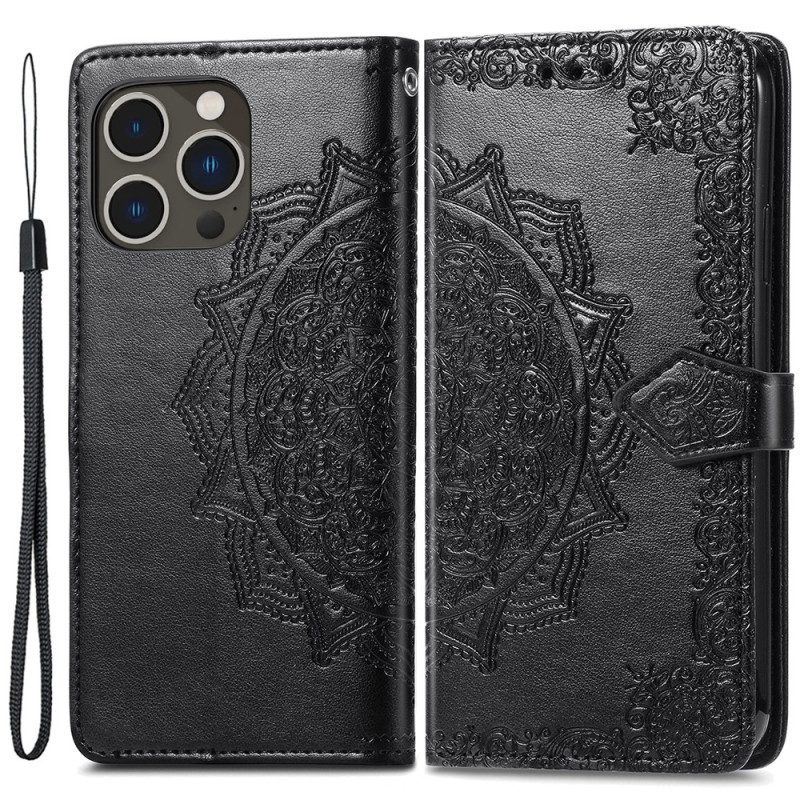 Lederhüllen Für iPhone 15 Pro Max Mit Kordel Barockes Mandala Mit Riemen