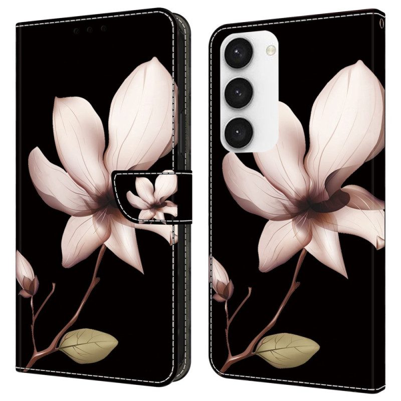 Lederhüllen Für Samsung Galaxy S24 5g Rosa Blume Auf Schwarzem Hintergrund