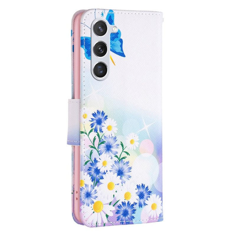 Lederhüllen Samsung Galaxy S24 5g Blaue Schmetterlinge Und Blumen