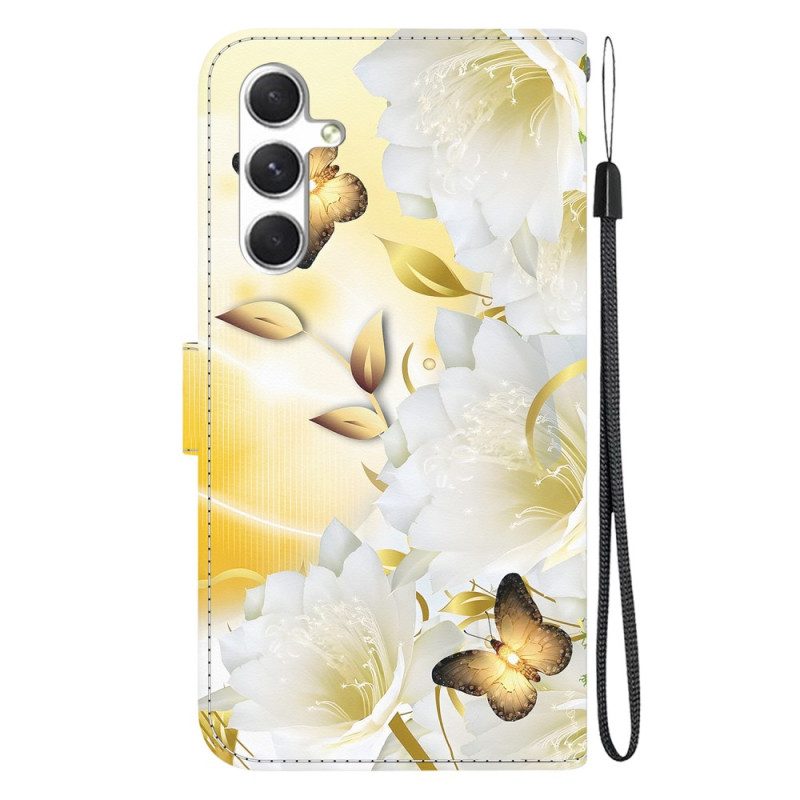 Lederhüllen Samsung Galaxy S24 5g Goldener Schmetterling Und Blumen Mit Riemen