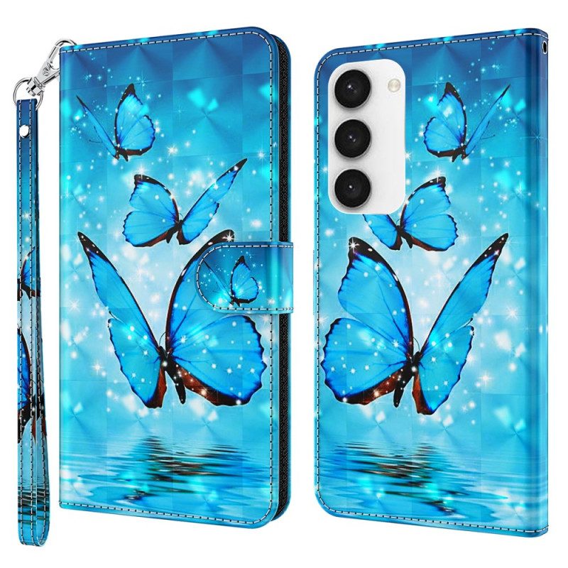 Lederhüllen Samsung Galaxy S24 5g Handyhülle Blaue Schmetterlinge Mit Riemen