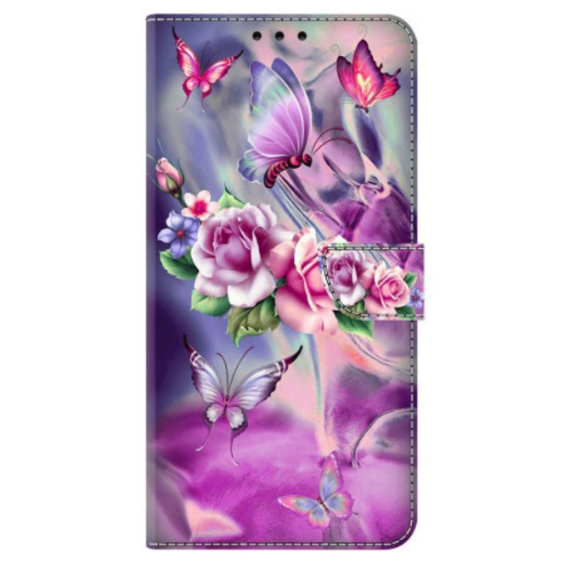 Lederhüllen Samsung Galaxy S24 5g Handyhülle Schmetterlinge Und Violette Blumen