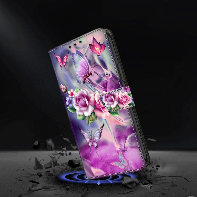 Lederhüllen Samsung Galaxy S24 5g Handyhülle Schmetterlinge Und Violette Blumen