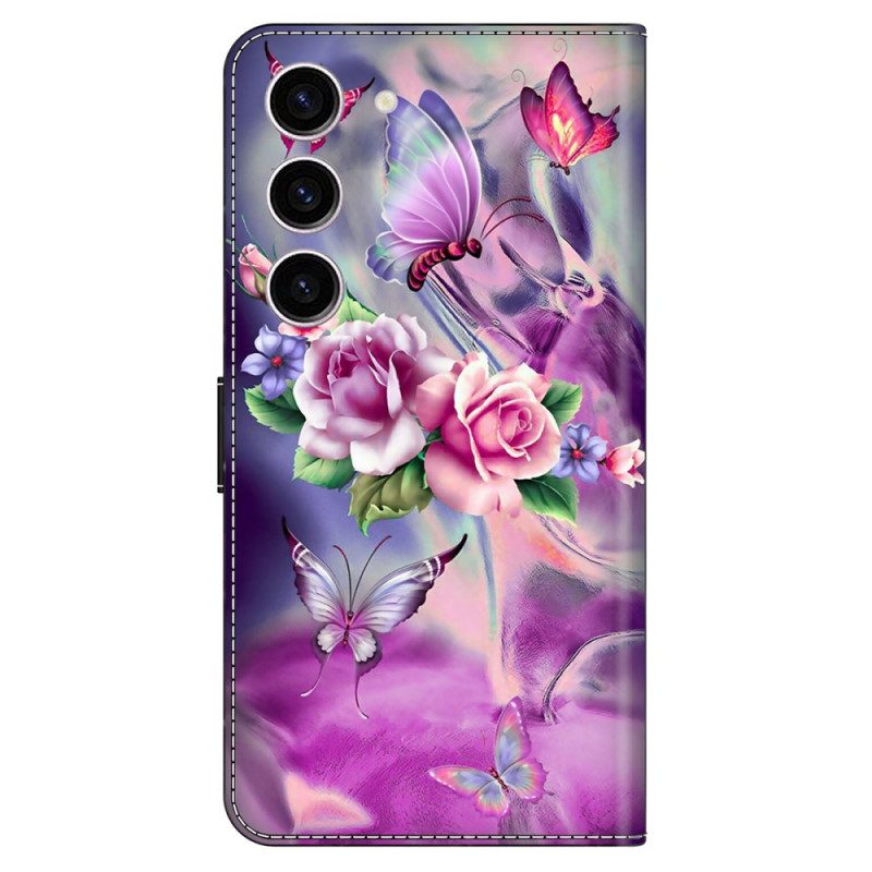 Lederhüllen Samsung Galaxy S24 5g Handyhülle Schmetterlinge Und Violette Blumen