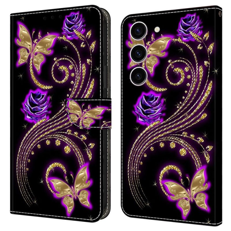 Lederhüllen Samsung Galaxy S24 5g Handyhülle Violette Blumen Und Schmetterlinge