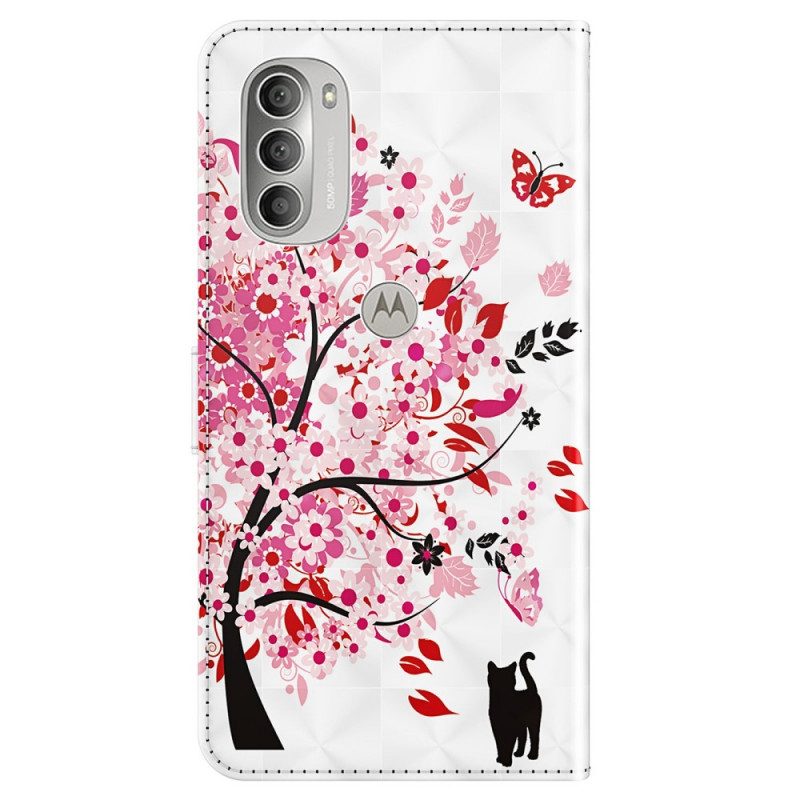 Flip Case Für Moto G51 5G Rosa Baum Und Schwarze Katze