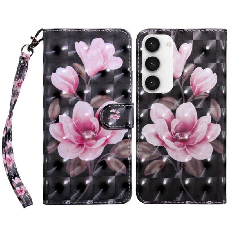 Flip Case Für Samsung Galaxy S23 5G Mit Kordel Riemchenblumenmuster