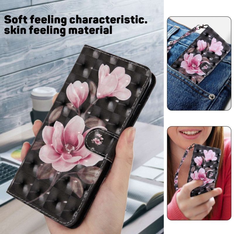 Flip Case Für Samsung Galaxy S23 5G Mit Kordel Riemchenblumenmuster