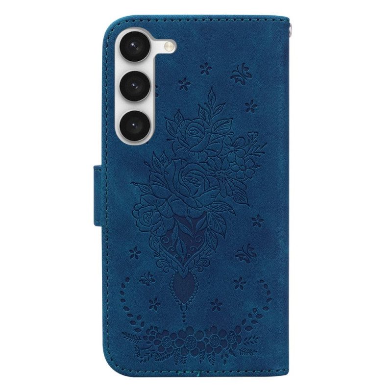 Flip Case Für Samsung Galaxy S23 5G Mit Kordel Riemchenrosen Und Schmetterlinge