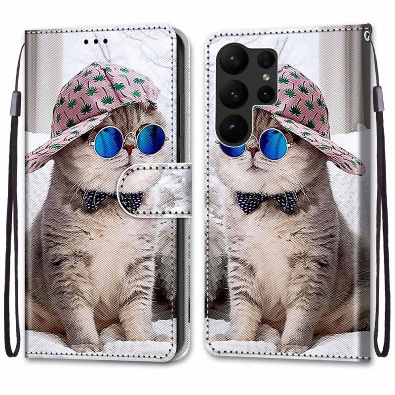 Lederhüllen Für Samsung Galaxy S23 Ultra 5G Mit Kordel Yo Katze Mit Riemen