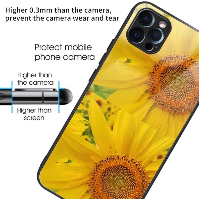 Handyhülle Für iPhone 14 Pro Max Sonnenblumen Aus Gehärtetem Glas