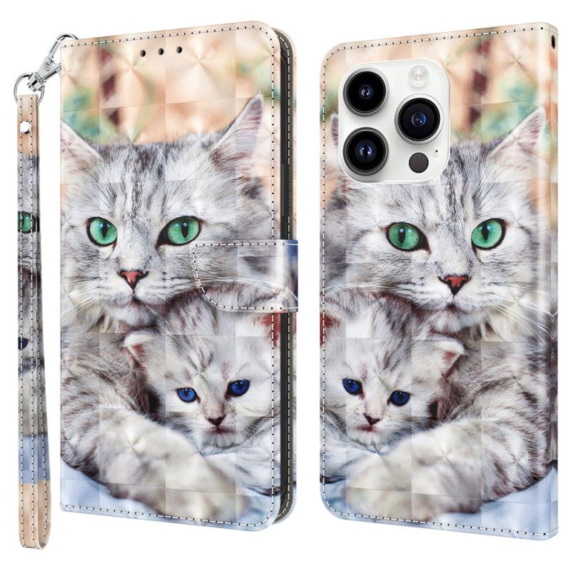 Flip Case Für iPhone 15 Pro Mit Kordel Zarte Tanga-katzen