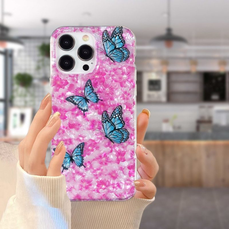 Handyhülle Für iPhone 15 Pro Blumen Und Schmetterlinge