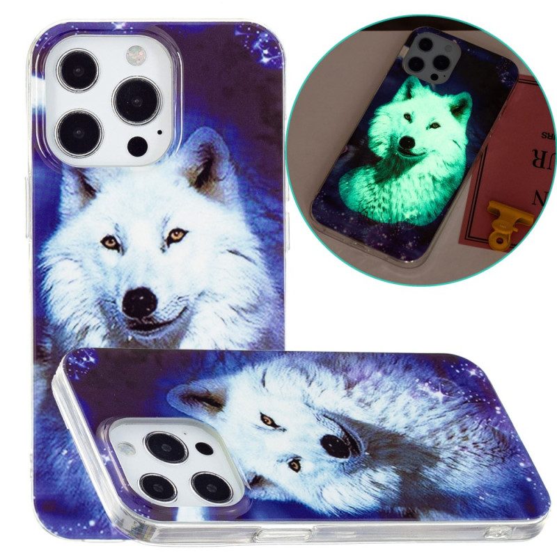 Handyhülle Für iPhone 15 Pro Fluoreszierender Weißer Wolf