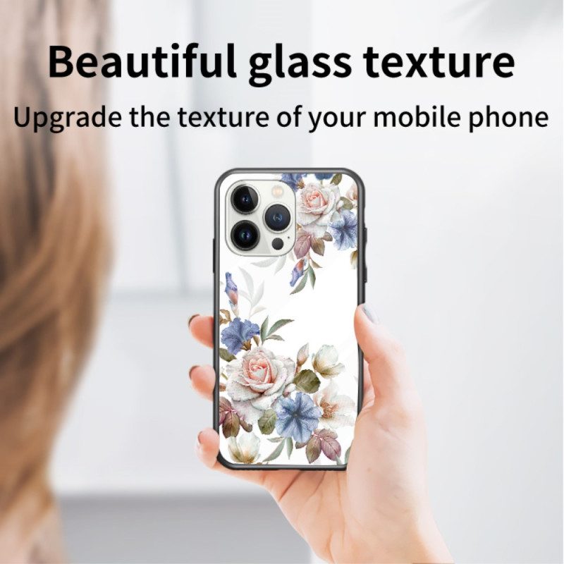 Hülle Für iPhone 15 Pro Florales Gehärtetes Glas Mit Stützring