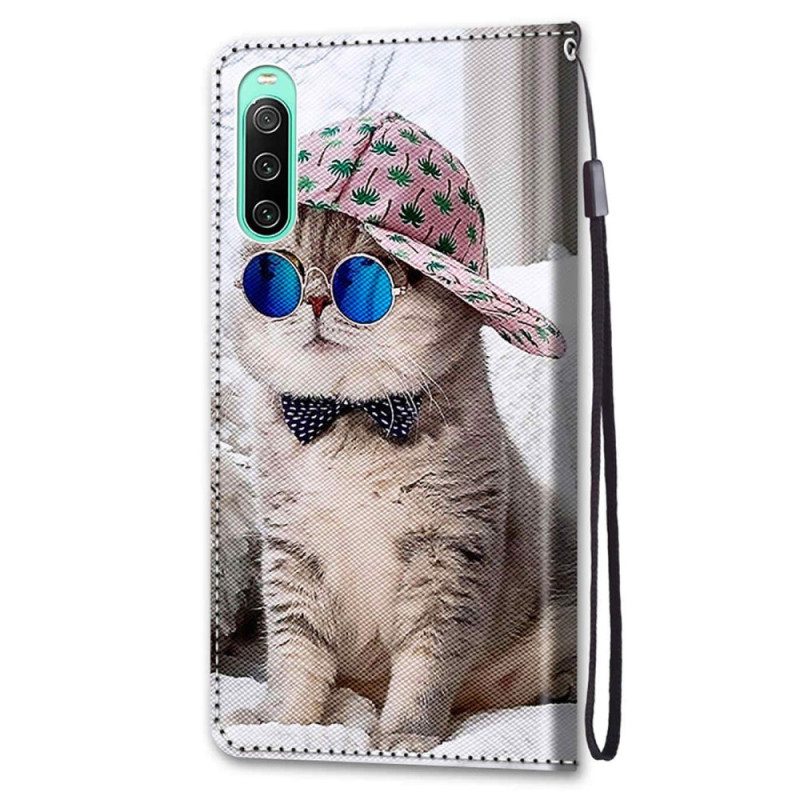 Lederhüllen Für Sony Xperia 10 IV Mit Kordel Yo Katze Mit Riemen